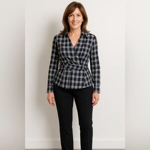 Talbots Womens Blouse Sz 12 Black White Plaid Stretch Cotton Faux Wrap Top Shirt